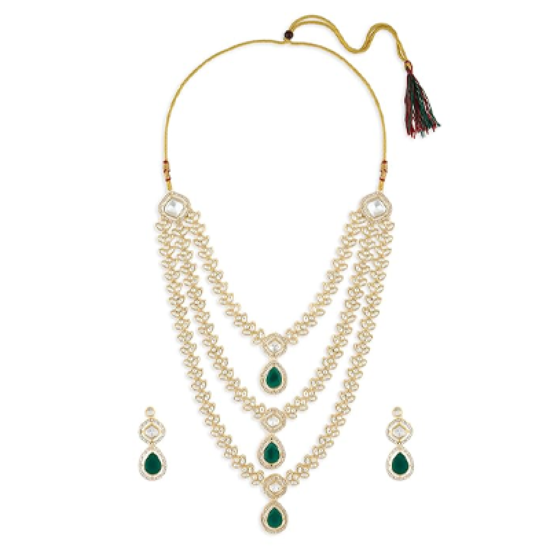 Green Dazzling Stones Austrian Diamonds Embellished Layered Necklace & Earring Set For Women