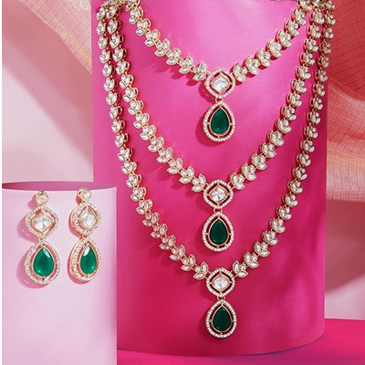 Green Dazzling Stones Austrian Diamonds Embellished Layered Necklace & Earring Set For Women