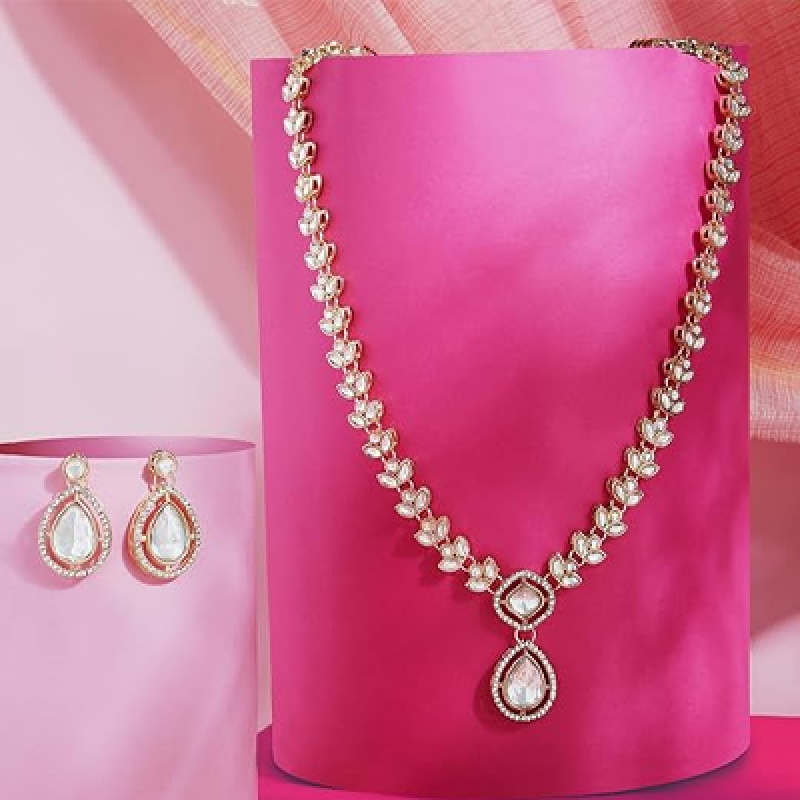 Gold Tone Dazzling Stones Austrian Diamonds Embellished Necklace & Earring Set For Women