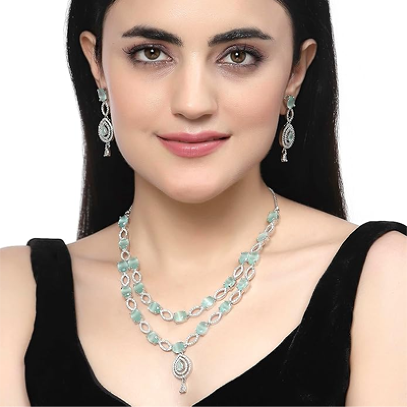 Rhodium-Plated American Diamond Studded Abstract Necklace With Earrings Jewellery Set For Girls and Women
