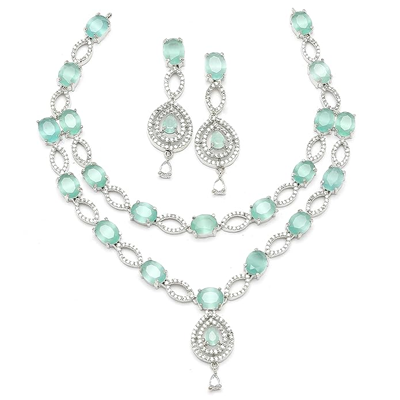 Rhodium-Plated American Diamond Studded Abstract Necklace With Earrings Jewellery Set For Girls and Women