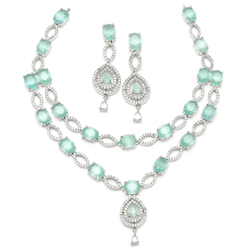 Rhodium-Plated American Diamond Studded Abstract Necklace With Earrings Jewellery Set For Girls and Women