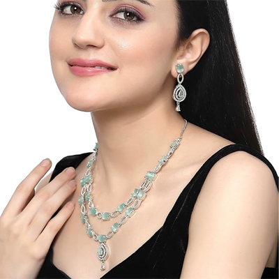 Rhodium-Plated American Diamond Studded Abstract Necklace With Earrings Jewellery Set For Girls and Women