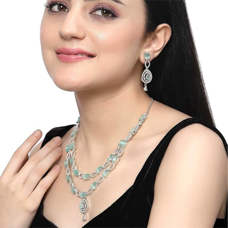 Rhodium-Plated American Diamond Studded Abstract Necklace With Earrings Jewellery Set For Girls and Women