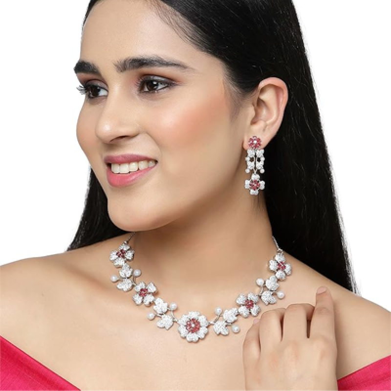 Rhodium-Plated Cubic Zirconia Studded Floral Theme Necklace With Earrings Jewellery Set For Girls and Women