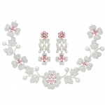 Rhodium-Plated Cubic Zirconia Studded Floral Theme Necklace With Earrings Jewellery Set For Girls and Women
