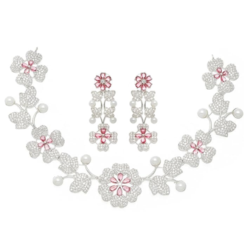 Rhodium-Plated Cubic Zirconia Studded Floral Theme Necklace With Earrings Jewellery Set For Girls and Women