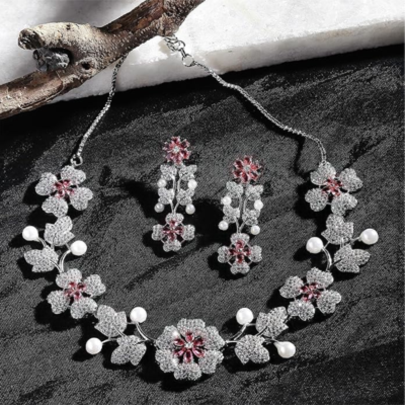 Rhodium-Plated Cubic Zirconia Studded Floral Theme Necklace With Earrings Jewellery Set For Girls and Women