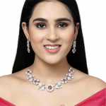 Rhodium-Plated Cubic Zirconia Studded Floral Theme Necklace With Earrings Jewellery Set For Girls and Women