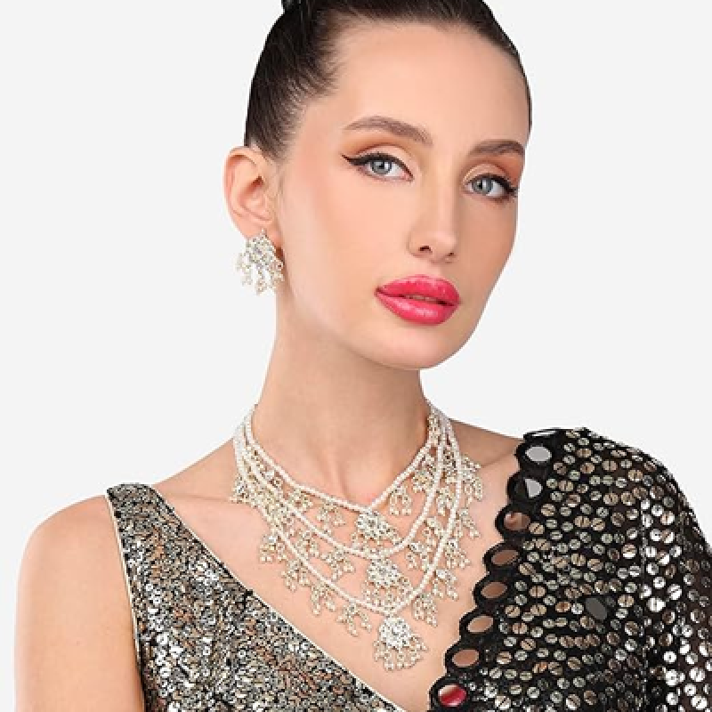 Ethnic Kundan & Pearls Multi Layers Bridal Necklace Set For Women