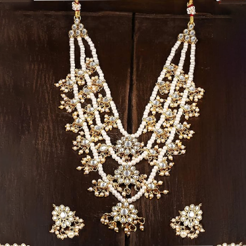 Ethnic Kundan & Pearls Multi Layers Bridal Necklace Set For Women