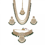 Green Beads Bridal Kundan Choker & Long Necklace, Earring & Maangtikka Set For Women