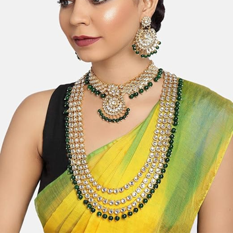 Green Beads Bridal Kundan Choker & Long Necklace, Earring & Maangtikka Set For Women