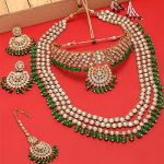 Green Beads Bridal Kundan Choker & Long Necklace, Earring & Maangtikka Set For Women