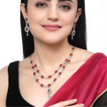 Rhodium-Plated American Diamond Studded Abstract Necklace With Earrings Jewellery Set For Girls and Women