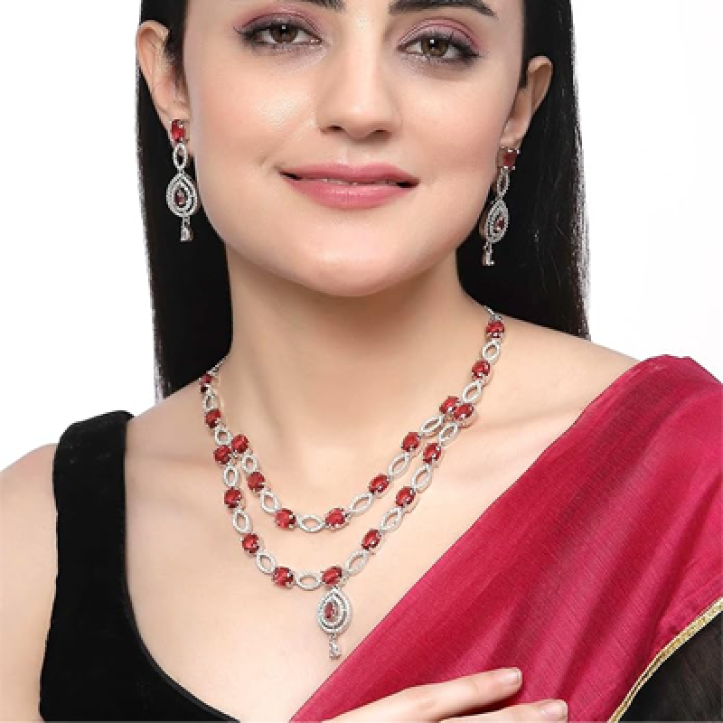 Rhodium-Plated American Diamond Studded Abstract Necklace With Earrings Jewellery Set For Girls and Women