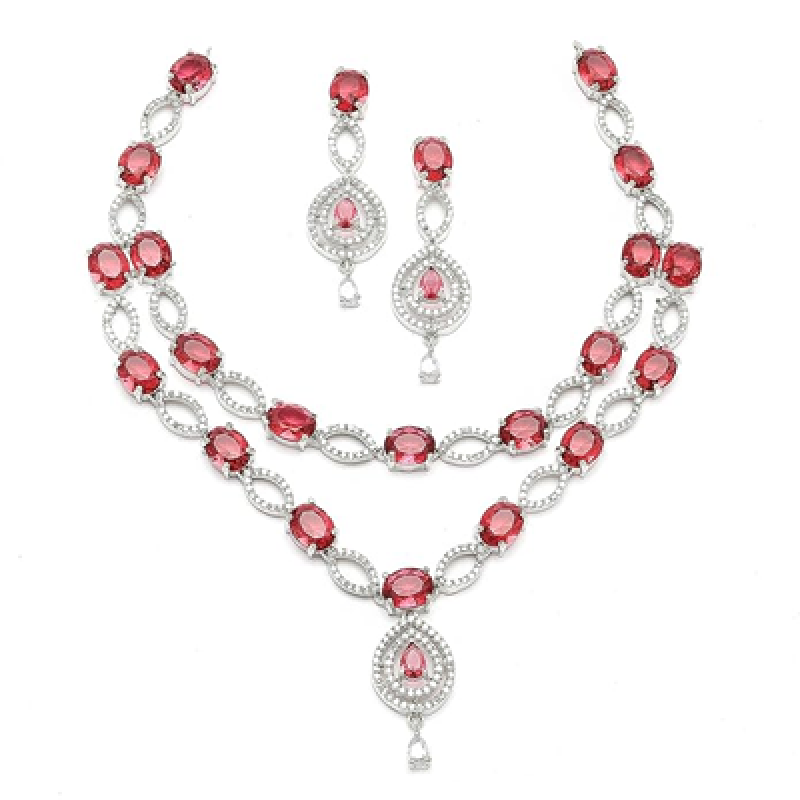 Rhodium-Plated American Diamond Studded Abstract Necklace With Earrings Jewellery Set For Girls and Women