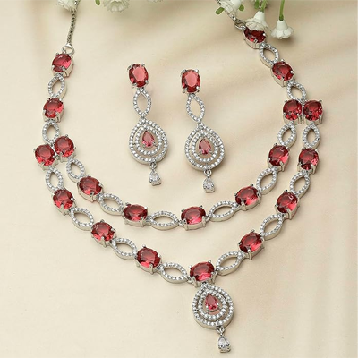 Rhodium-Plated American Diamond Studded Abstract Necklace With Earrings Jewellery Set For Girls and Women