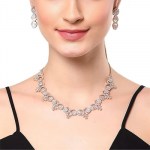 Artistically Design Round Rhodium Plated White American Diamond Studded Necklace With Earring Jewellery For Women and Girl