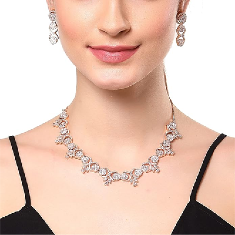 Artistically Design Round Rhodium Plated White American Diamond Studded Necklace With Earring Jewellery For Women and Girl