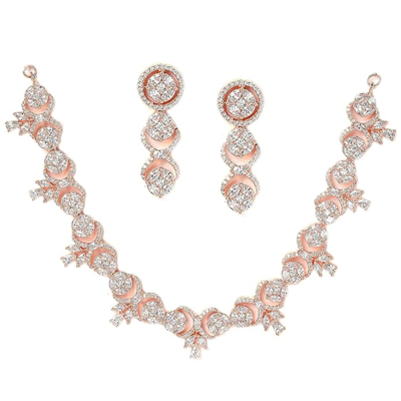 Artistically Design Round Rhodium Plated White American Diamond Studded Necklace With Earring Jewellery For Women and Girl
