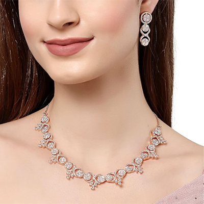 Artistically Design Round Rhodium Plated White American Diamond Studded Necklace With Earring Jewellery For Women and Girl