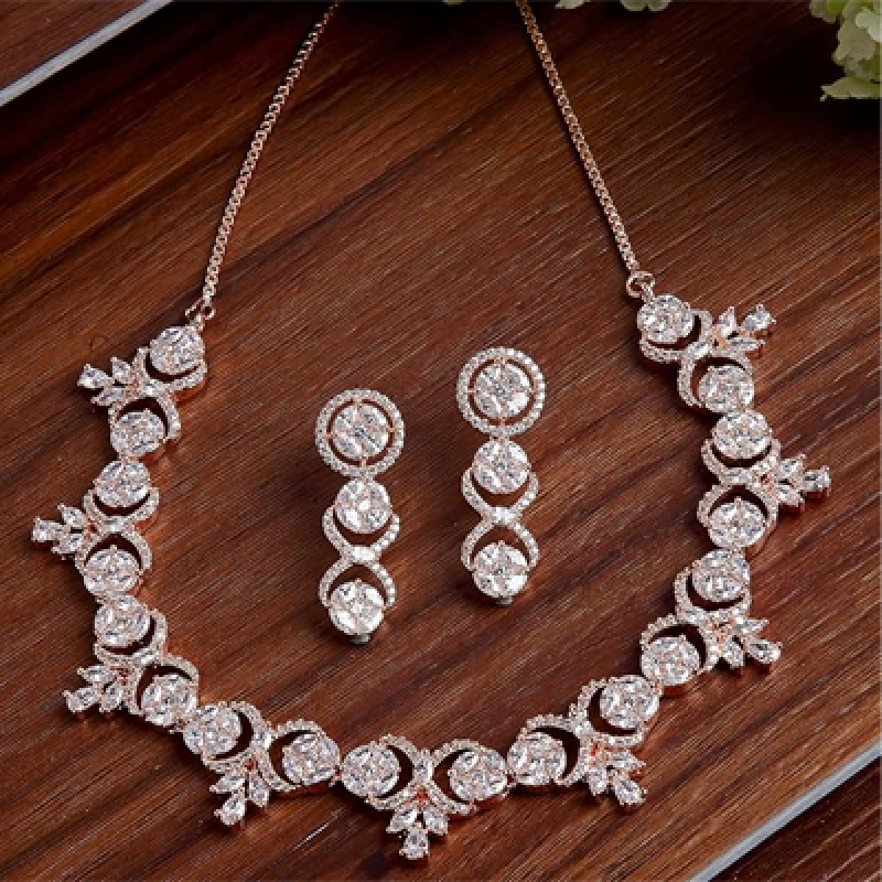 Artistically Design Round Rhodium Plated White American Diamond Studded Necklace With Earring Jewellery For Women and Girl