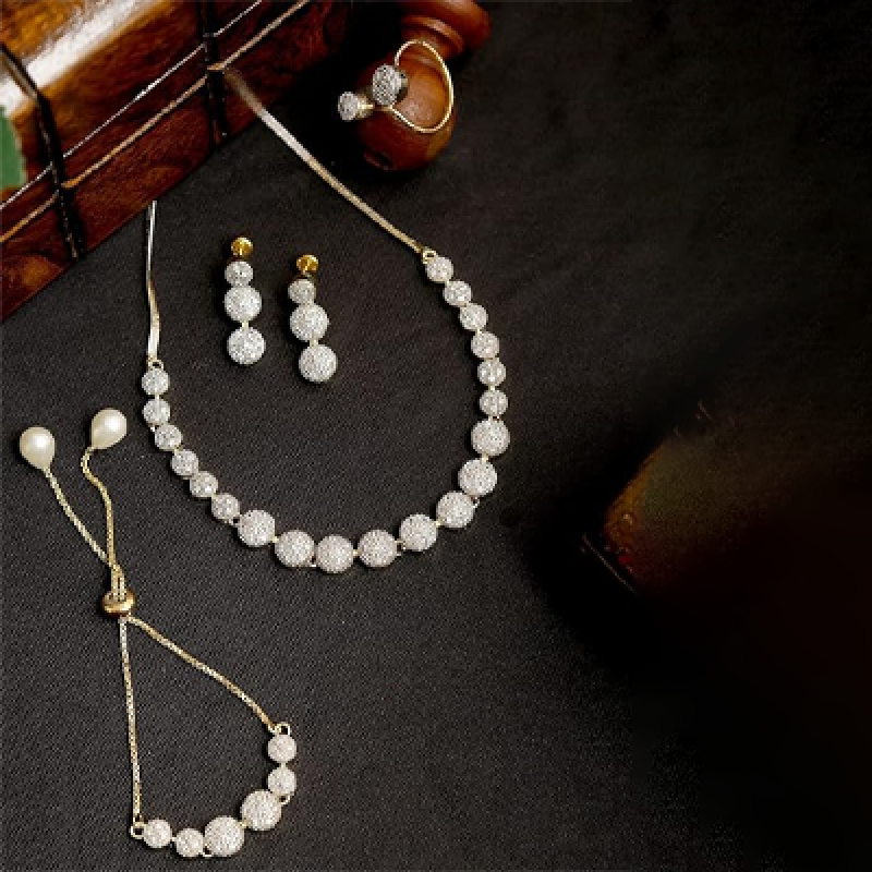 Jewellery Set for Women American Diamond Combo of Choker Necklace Set with Earrings, Bracelet and Ring