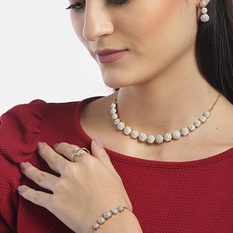 Jewellery Set for Women American Diamond Combo of Choker Necklace Set with Earrings, Bracelet and Ring