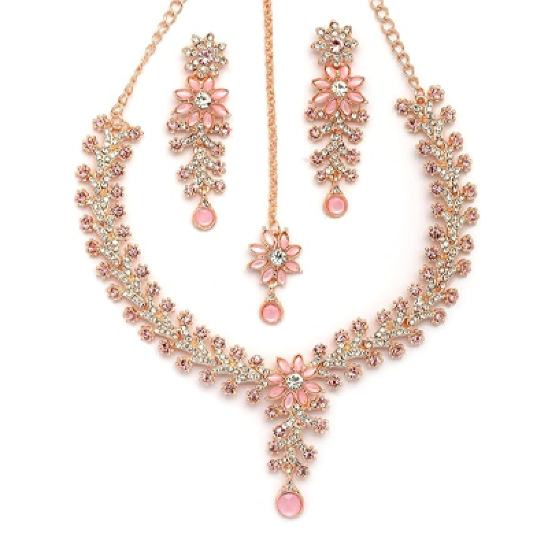 Charming AD Diamonds Studded Floral Choker Necklace with Danlge Earrings Maangtikka Jewellery Set