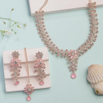 Charming AD Diamonds Studded Floral Choker Necklace with Danlge Earrings Maangtikka Jewellery Set