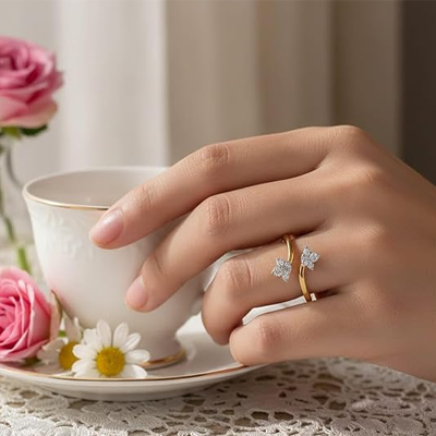 Cubic Zirconia Adjustable Golden Lotus Design Ring